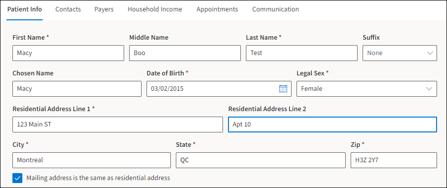 Patient profile with montreal QC address